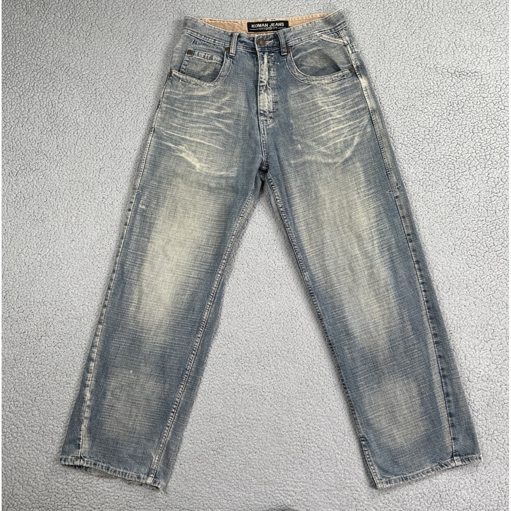 VTG Y2K Koman Baggy Wide Leg Jeans 32x32 Blue Whiskered Fade Denim Hip Hop